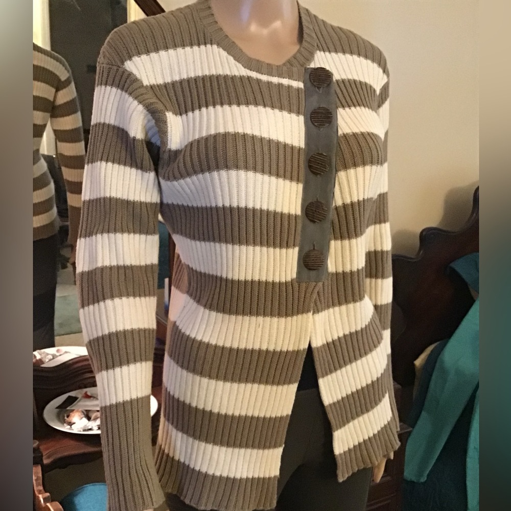 Smart looking button-up taupe and creme stripe sweater